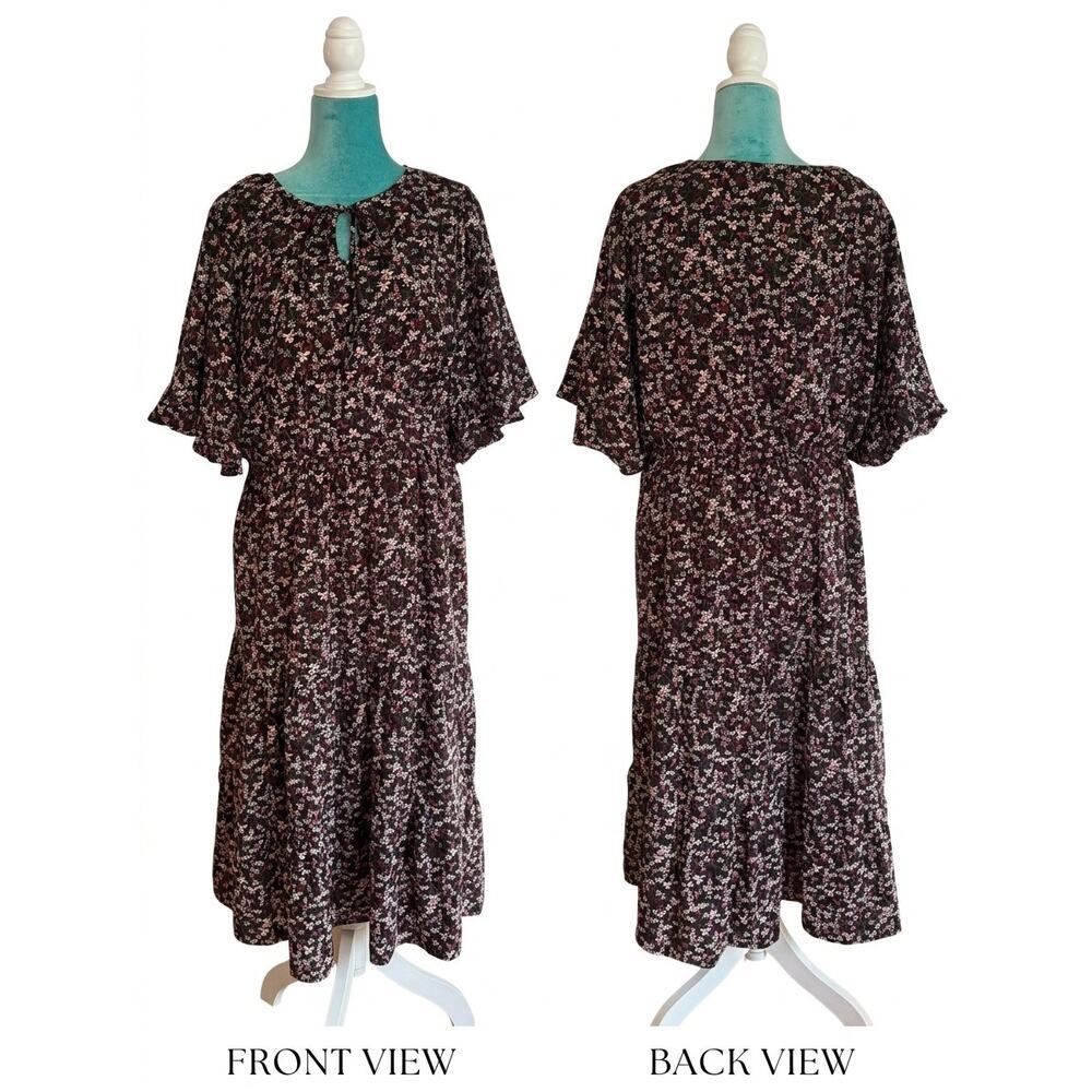 Draper James Ditsy Floral Tiered Midi Dress Cottagecore Flutter Sleeve Black L